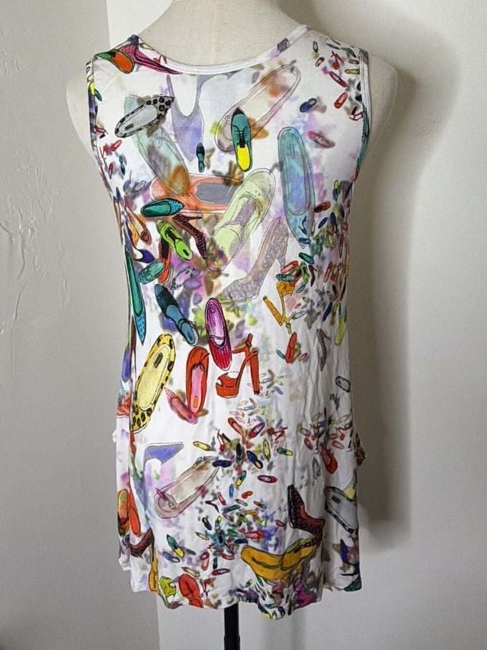 Karen Kane Women's Multi Shoe Print Stretch Jersey Handkerchief Tank Dress S - Picture 3 of 5